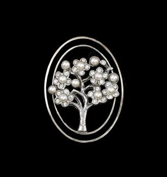 Jugendstil-Brosche Baum mit Onyx, Swarovski-Steinen u. Perlen