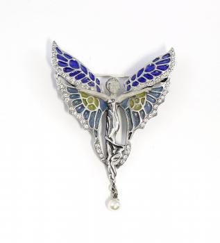 emaillierte Jugendstil-Brosche Elfe m. Perle Swarovski-Steine