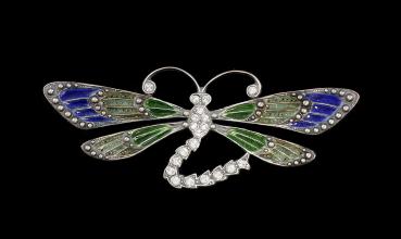 emaillierte Jugendstil-Brosche Libelle mit Swarovski-Steinen