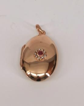 Medaillon-Anhänger rotvergoldet oval Rubin Perlen