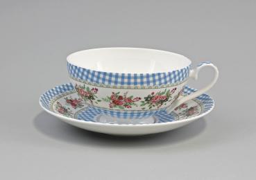 Teetasse m. Untertasse Diamantporzellan Blüten blau kariert