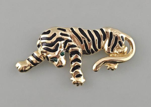 Modeschmuck-Brosche Vintage vergoldet Tiger grüne Strass-Augen