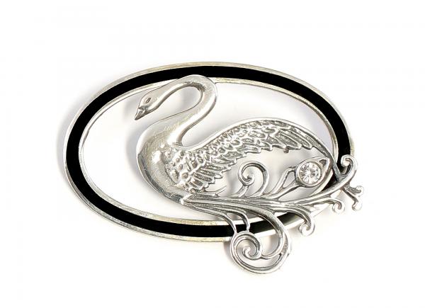 Jugendstil-Brosche Schwan mit Swarovskistein und Onyx