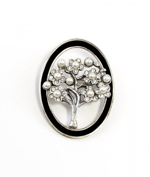 Jugendstil-Brosche Baum mit Onyx, Swarovski-Steinen u. Perlen