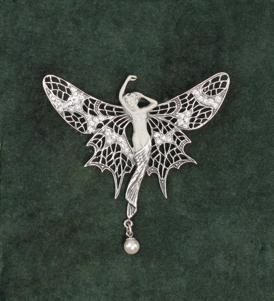 Jugendstil-Brosche Schmetterlingsfrau Swarovski-Steine u.Perle