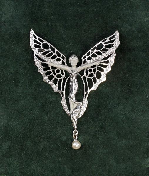 Jugendstil-Brosche Schmetterlingsfrau Swarovski-Steine u.Perle