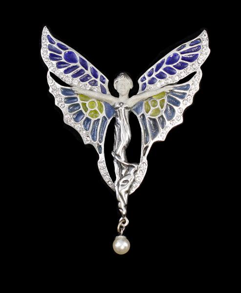 emaillierte Jugendstil-Brosche Elfe m. Perle Swarovski-Steine