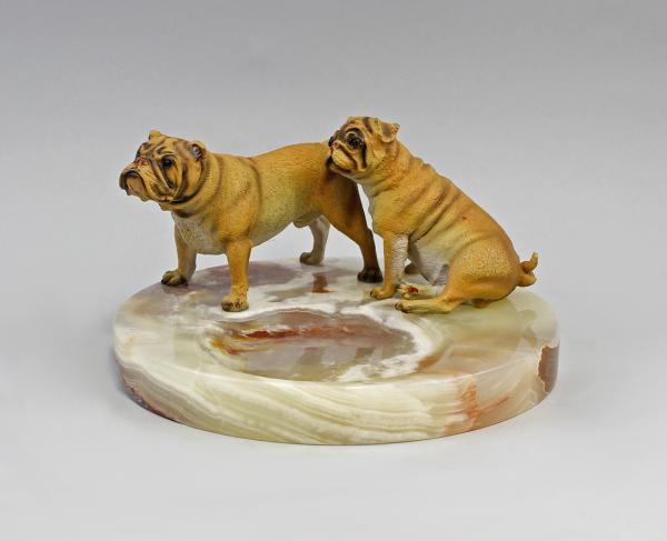 Visitenkartenschale mit Bronze Bulldoggen-Paar
