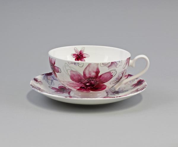 Teetasse m. Untertasse Diamantporzellan Blüten pink