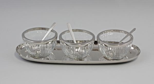 Dessert-Set geschliff. Glas/vernickelt